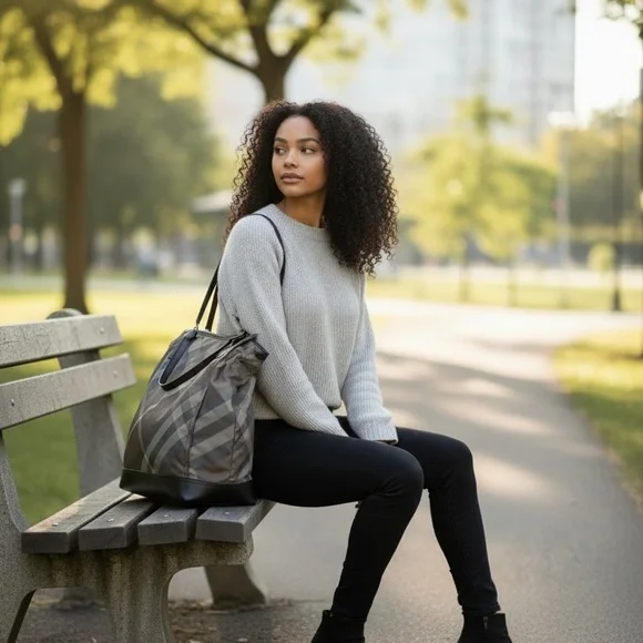 Burberry Gray and Black Tote with Check Pattern - Picture 3 of 5